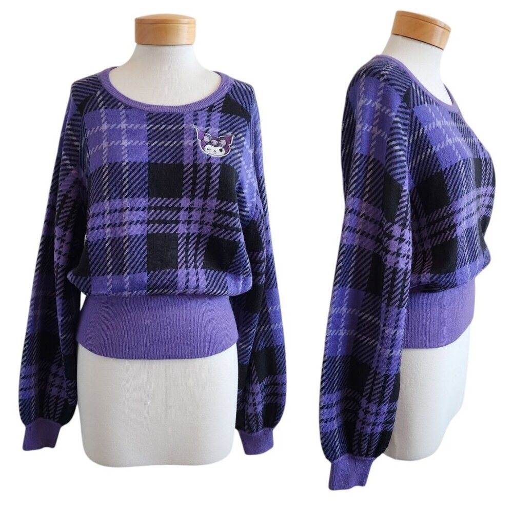Kuromi Sanrio Black/Purple Knit Plaid Bishop Sleeve Scoop Neck Sweater XL- READ